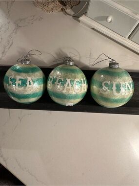 Coastal Stripe Holiday Ornament Trio - Teal/White - Beach, Sea, Sun